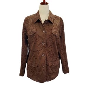 Vintage Susan Graver brown stylish floral embroidery blouse jacket pockets XXL
